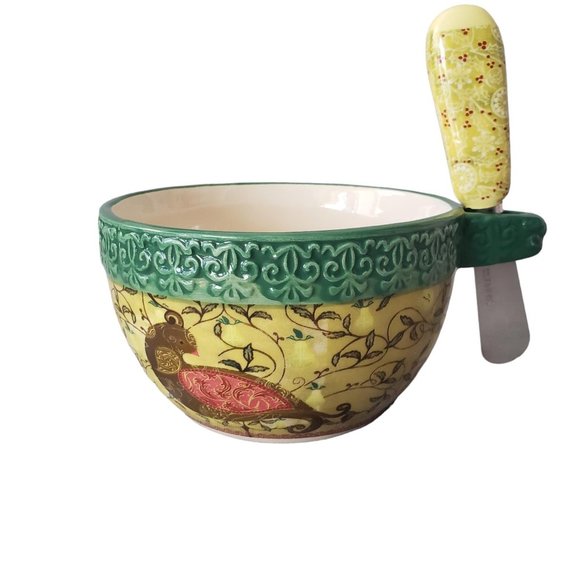 Partridge Bird Floral Pattern Serving Dip Bowl & Spreader -Jo-Anne 2013 Boxed - Picture 5 of 13